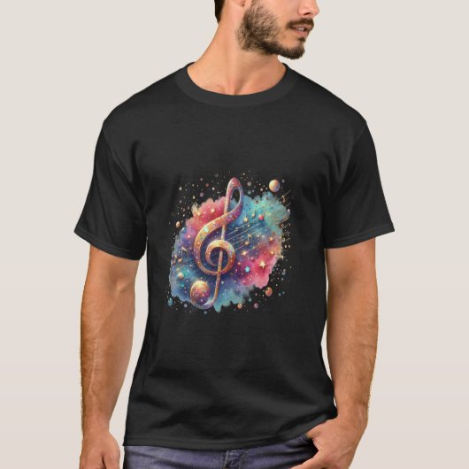 鮮やかなト音記号の宇宙音楽デザイン Tシャツ (正面)