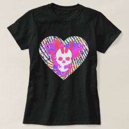 鮮やかなドクロ ハート ロック ラブ ユー グラフィック ブラック Tシャツ