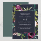 鮮やかなネイビー ブラッシュ バーガンディ フローラル ブンチ ウェディング 招待状 (正面/裏面)