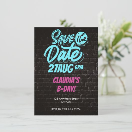 鮮やかなネオンれんが壁の誕生日「保存の日」 招待状 (スタンド正面)