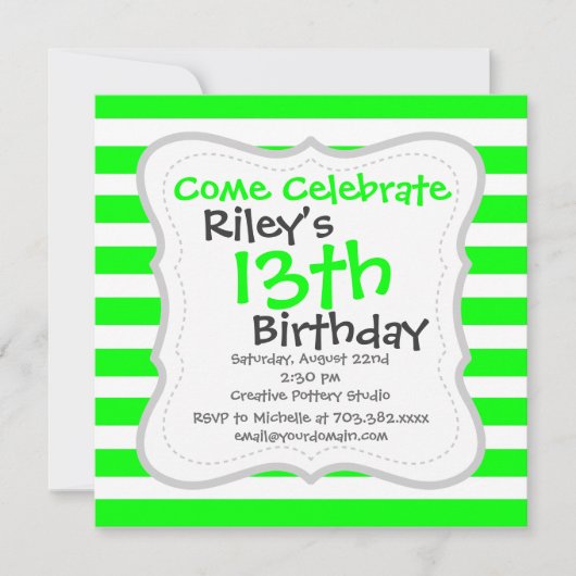 鮮やかなネオンライムグリーンと白のストライプ柄 招待状 (正面)