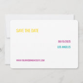 鮮やかなネオン ピンク イエロー ターコイズ セーブザデート 招待状 (裏面)