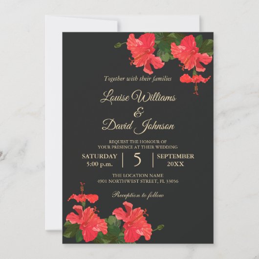 鮮やかなハイビスカスの花の結婚式招待状 招待状 (正面)