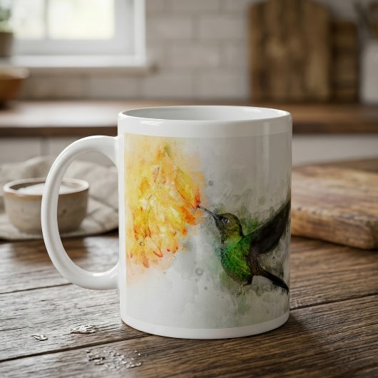 鮮やかなハチドリと黄色い花の水彩画 コーヒーマグカップ