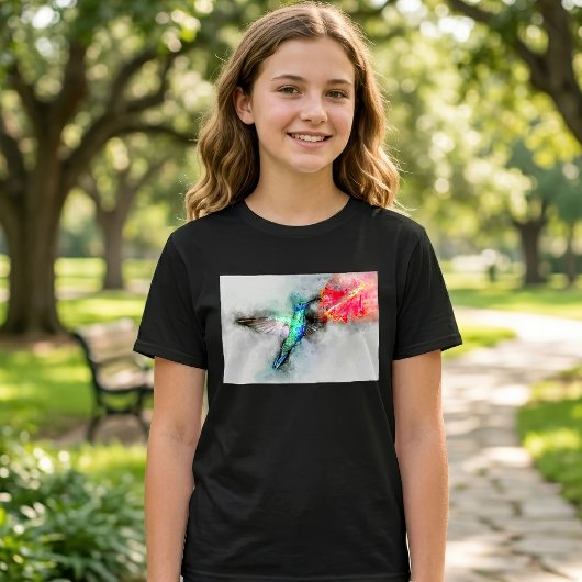 鮮やかなハチドリの水彩花の芸術的なプリント Tシャツ
