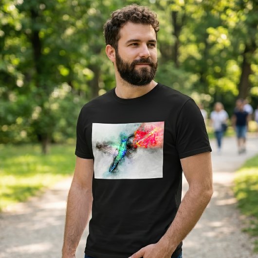 鮮やかなハチドリの水彩花の芸術的なプリント Tシャツ