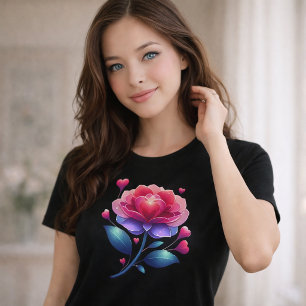 鮮やかなハートの花 ロマンチックなフラワーラート トライブレンドTシャツ
