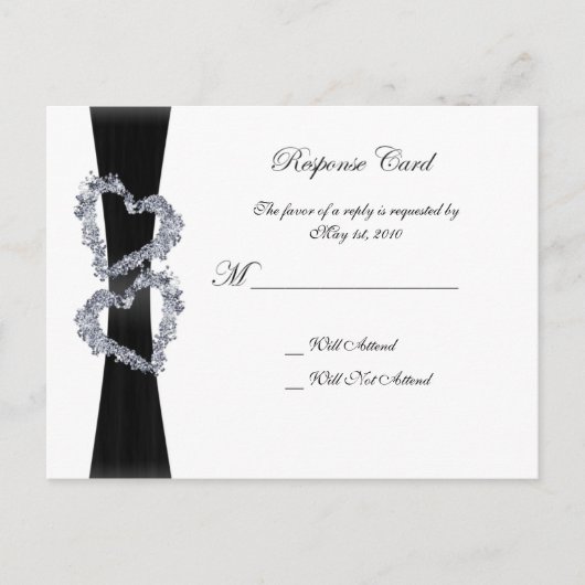 鮮やかなハート：ブラックリボンとダイヤモンドハート インビテーションポストカード (正面)