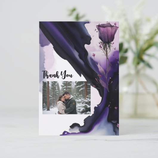 鮮やかなバイオレットのローズ ウェディング サンクス カード (スタンド正面)