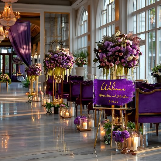 鮮やかなバイオレットパープルと金ゴールドア結婚クリル アクリルサイン