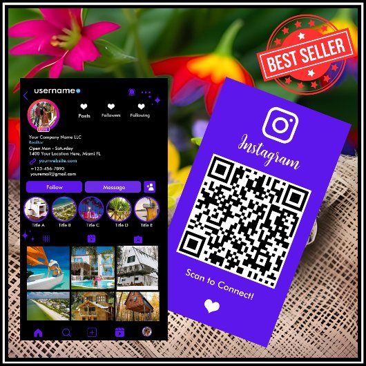 鮮やかなバイオレット色の不動産屋Instagram QRコード 名刺