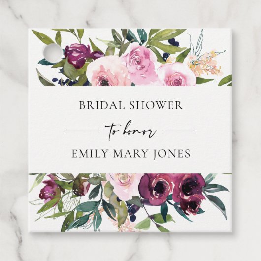 鮮やかなバラ色のワインレッドの花束 ブライダルシャワー フェイバータグ (正面)