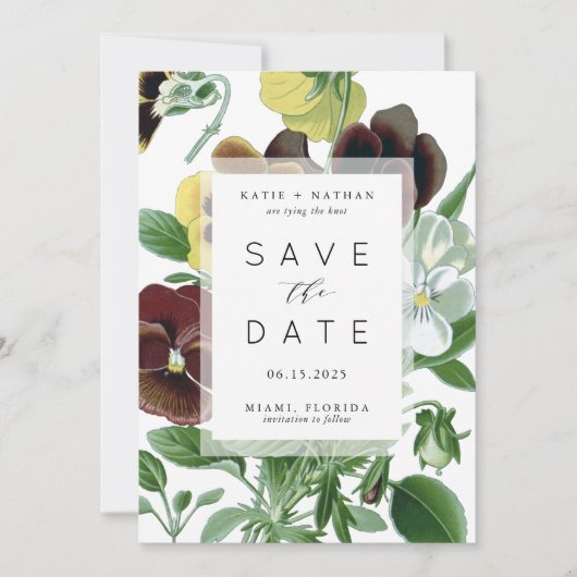 鮮やかなパンジーの写真を使ったSave the Dateカード セーブザデート (正面)