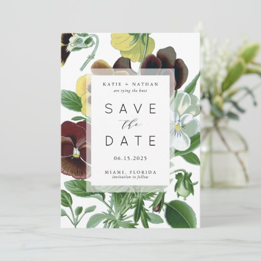 鮮やかなパンジーの写真を使ったSave the Dateカード セーブザデート (スタンド正面)