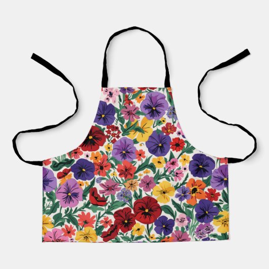 鮮やかなパンジーの植物画柄 エプロン (正面)