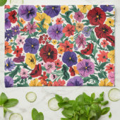 鮮やかなパンジーの植物画模様 キッチンタオル (折り畳み)