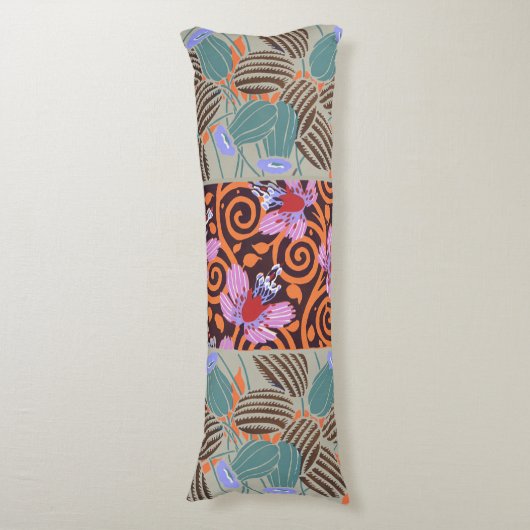 鮮やかなピンクとオレンジのスパイラルフラワーデコ ボディピロー (正面縦)