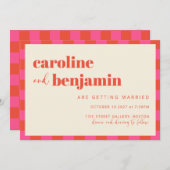 鮮やかなピンクとオレンジのチェック柄 ウェディング 招待状 (正面/裏面)