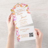 鮮やかなピンクとオレンジのワイルドフラワーQRコード オールインワン招待状 (貼ってはがせる)