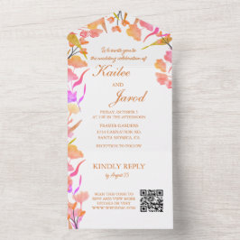 鮮やかなピンクとオレンジのワイルドフラワーQRコード オールインワン招待状