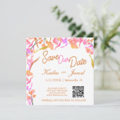 鮮やかなピンクとオレンジのワイルドフラワーQRコード セーブザデート (スタンド正面)