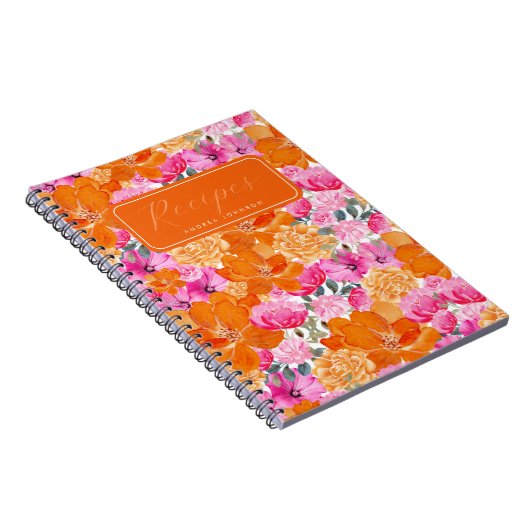 鮮やかなピンクとオレンジの花のブライダルシャワーレシピ ノートブック (右側)
