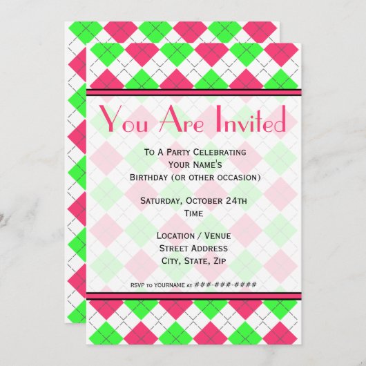 鮮やかなピンクとグリーンのアーガイル ファッション招待状 招待状 (正面/裏面)