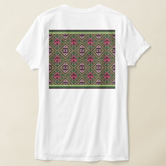 鮮やかなピンクとグリーンの抽象的なファブリックアート Tシャツ (レイダウン裏面)