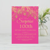 鮮やかなピンクとゴールドのサプライズ 100歳の誕生日 招待状 (スタンド正面)