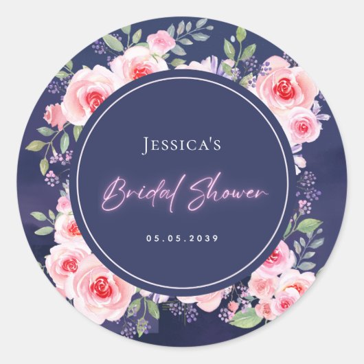 鮮やかなピンクとパープルの花のネオン結婚前お祝い ラウンドシール (正面)