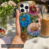 鮮やかなピンクとブルーのステンドグラス フラワー iPhoneケース
