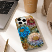 鮮やかなピンクとブルーのステンドグラス フラワー iPhoneケース