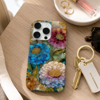 鮮やかなピンクとブルーのステンドグラス フラワー iPhone 16 PROケース