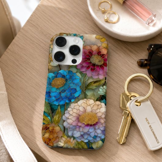 鮮やかなピンクとブルーのステンドグラス フラワー iPhoneケース