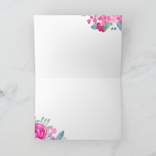 鮮やかなピンクとプラムの花の水彩画 ブライダルシャワー サンキューカード (内部)