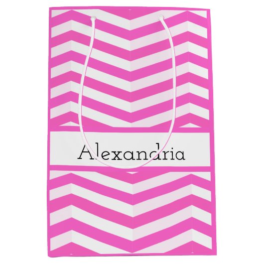 鮮やかなピンクと白いシボストライプのロン ミディアムペーパーバッグ (正面)