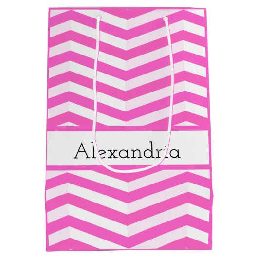 鮮やかなピンクと白いシボストライプのロン ミディアムペーパーバッグ (裏面)