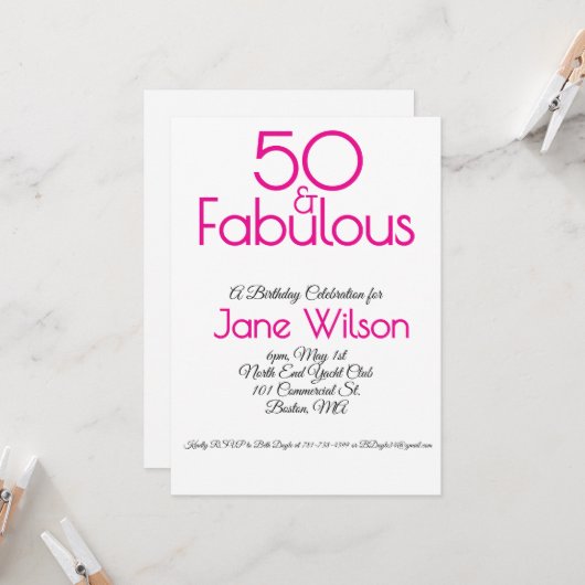 鮮やかなピンクと白の50歳の誕生日招待状 招待状 (正面/裏面インサイチュ)