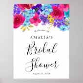 鮮やかなピンクと紫と青の花のブライダルシャワーの歓迎 ポスター (正面)