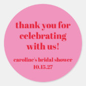 鮮やかなピンクと赤のカスタム ブライダルシャワー ありがとう ラウンドシール (正面)