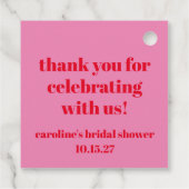 鮮やかなピンクと赤のカスタム ブライダルシャワー お礼 フェイバータグ (裏面)