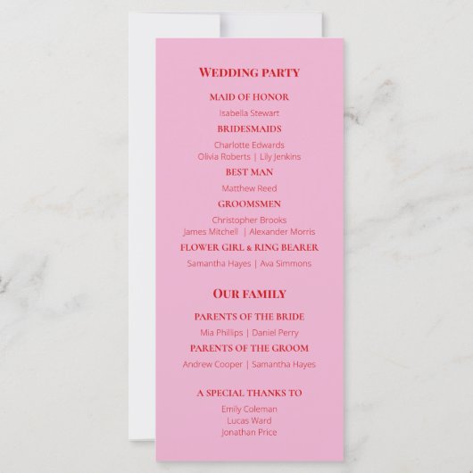 鮮やかなピンクと赤のミニマル結婚式 プログラム (裏面)