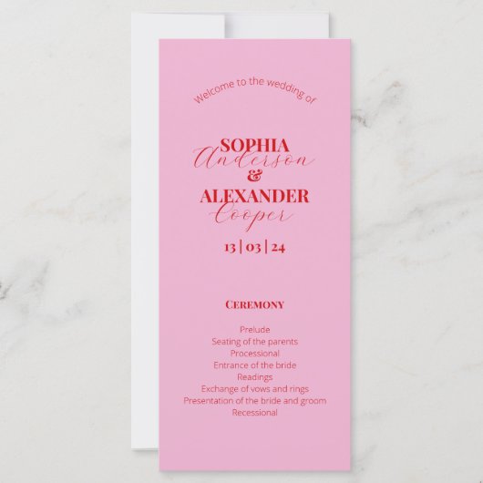 鮮やかなピンクと赤のミニマル結婚式 プログラム (正面)