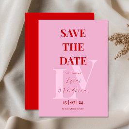 鮮やかなピンクと赤、イニシャル 招待状