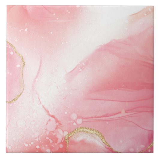 鮮やかなピンクと金ゴールド水彩大理石 タイル (正面)
