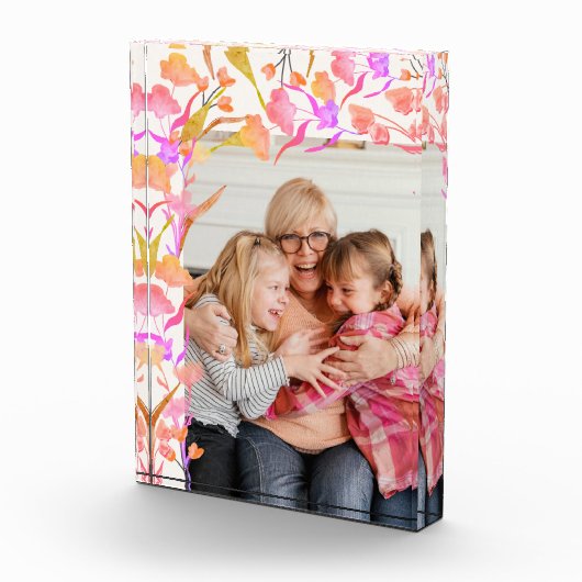 鮮やかなピンクのオレンジ色の水彩野花おばあちゃん フォトブロック (右)