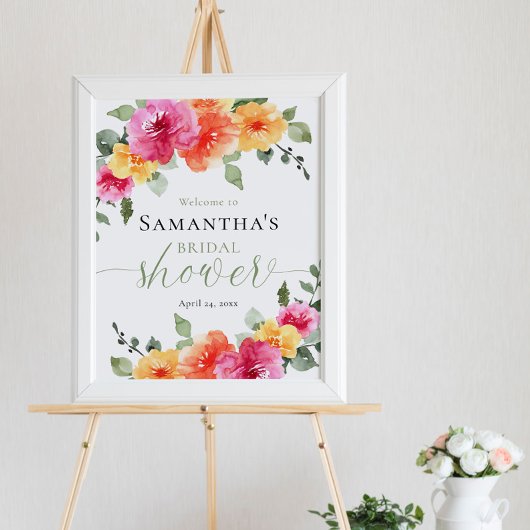 鮮やかなピンクのオレンジ色の牡丹ブライダルシャワーへようこそ ポスター