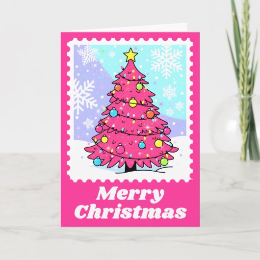 鮮やかなピンクのクリスマスツリーの郵便切手 シーズンカード (正面)