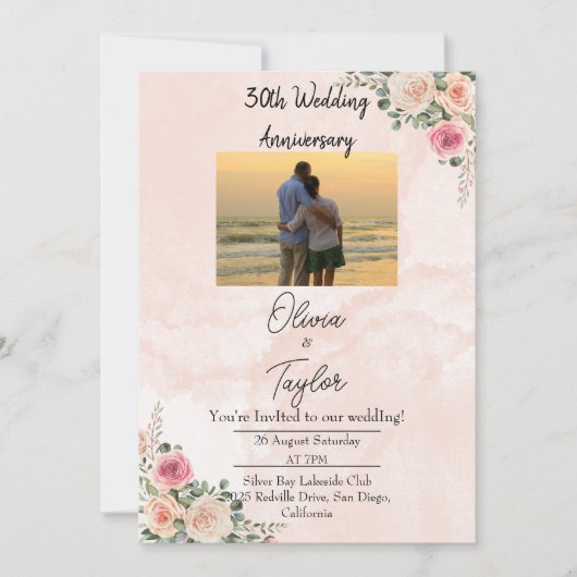 鮮やかなピンクのクリーム色の花柄　結婚記念日 招待状 (正面)