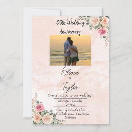 鮮やかなピンクのクリーム色の花柄　結婚記念日 招待状